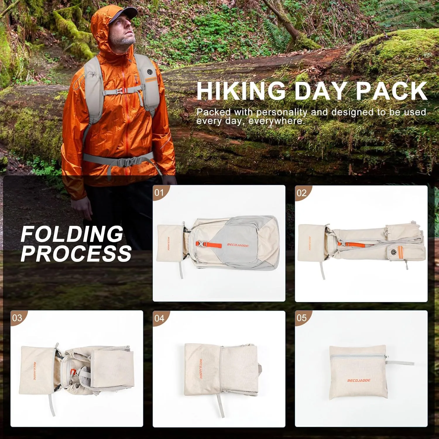 15L Small Hiking Backpack for Men Women Foldable Packable Back Pack Ultralight Hiking Daypack for Travel Camping Outdoor, Beige