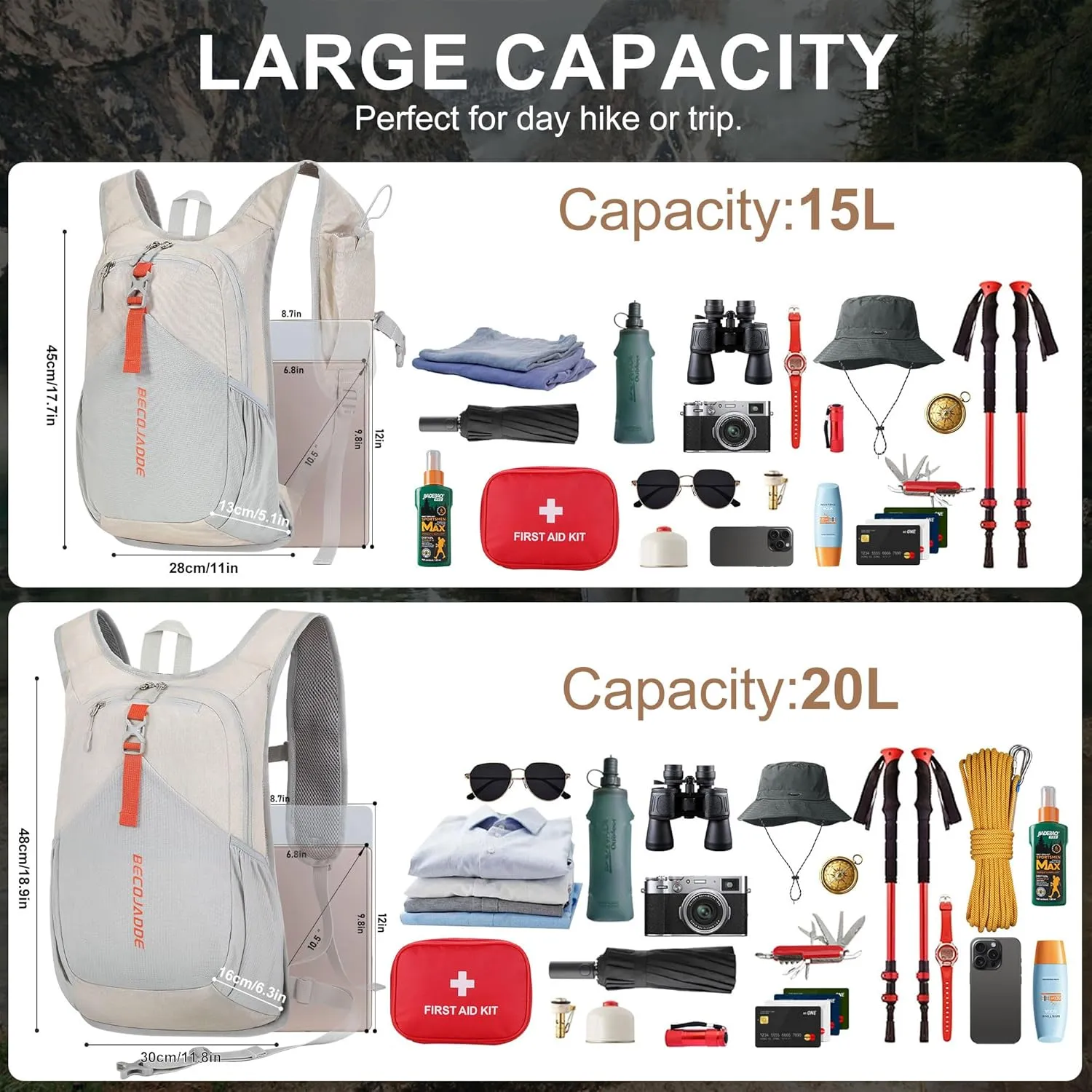 15L Small Hiking Backpack for Men Women Foldable Packable Back Pack Ultralight Hiking Daypack for Travel Camping Outdoor, Beige