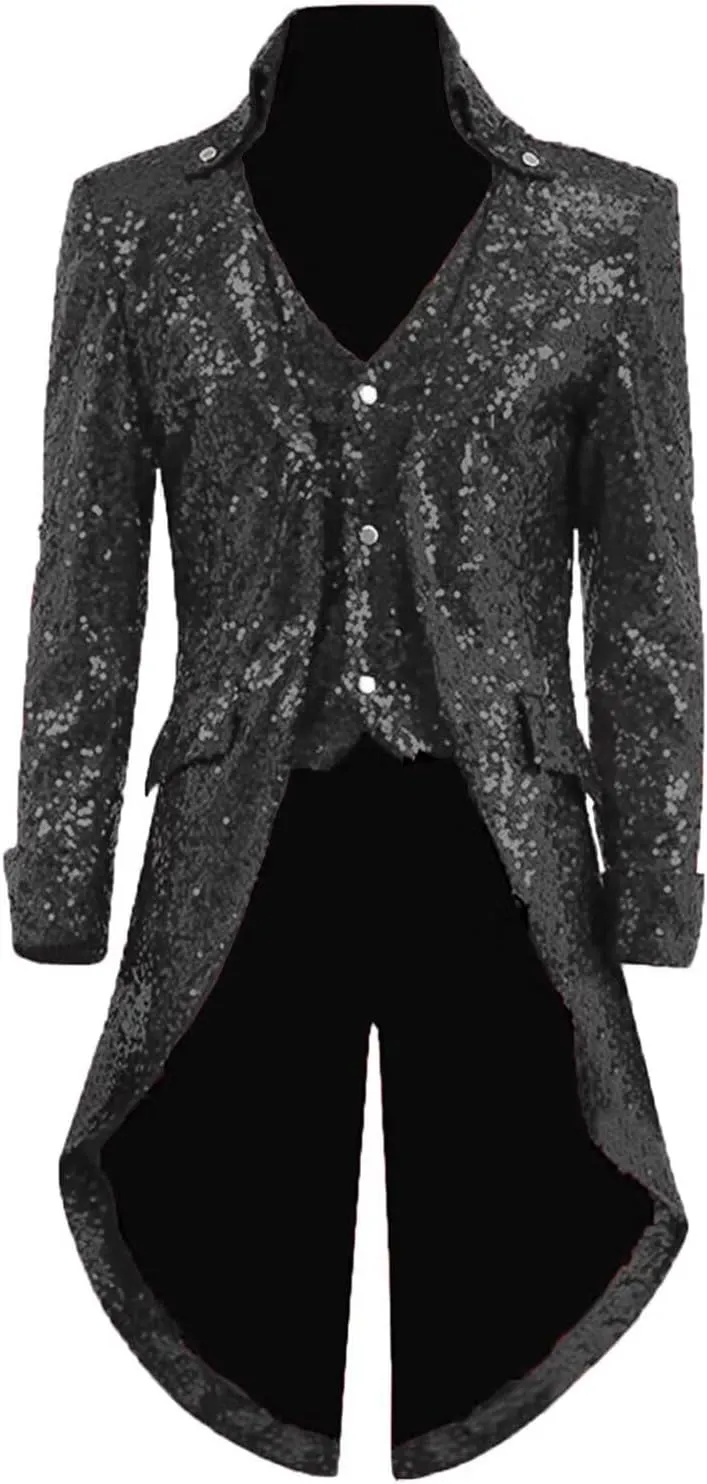 2025 Mens Sequins Tailcoat Jacket Victorian Steampunk Costumes Gothic Victorian Frock Blazer Coat JJK029
