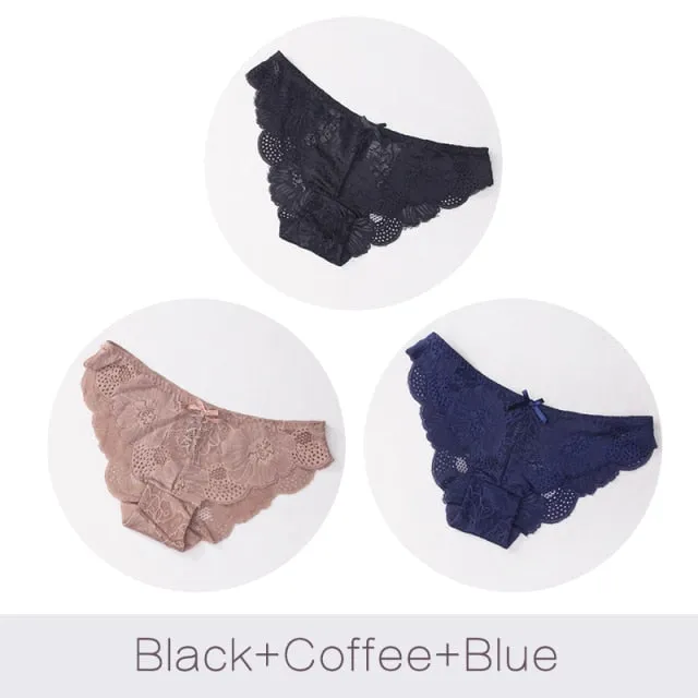 3 Pack Lace Panties Seamless Underwear Floral Cotton Mix Transparent Bikini Briefs