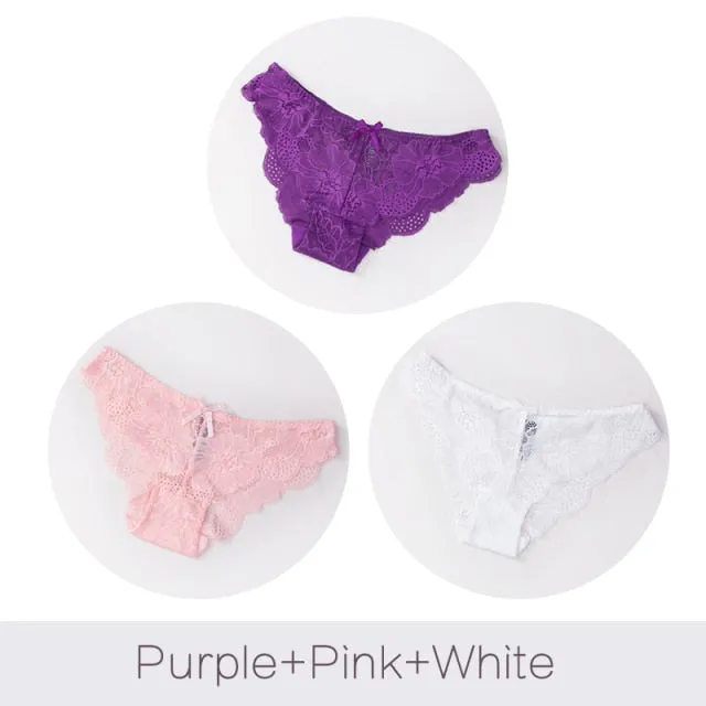 3 Pack Lace Panties Seamless Underwear Floral Cotton Mix Transparent Bikini Briefs