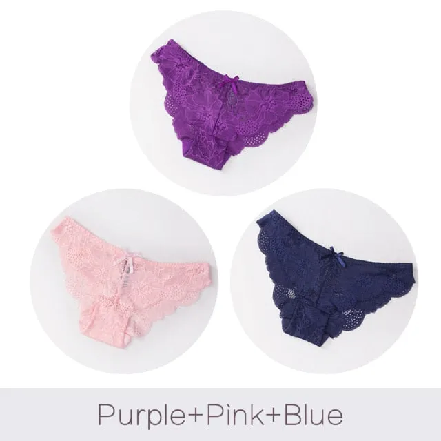 3 Pack Lace Panties Seamless Underwear Floral Cotton Mix Transparent Bikini Briefs