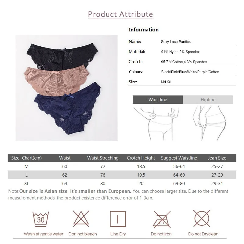 3 Pack Lace Panties Seamless Underwear Floral Cotton Mix Transparent Bikini Briefs