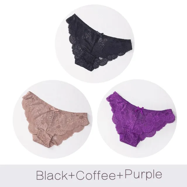 3 Pack Lace Panties Seamless Underwear Floral Cotton Mix Transparent Bikini Briefs