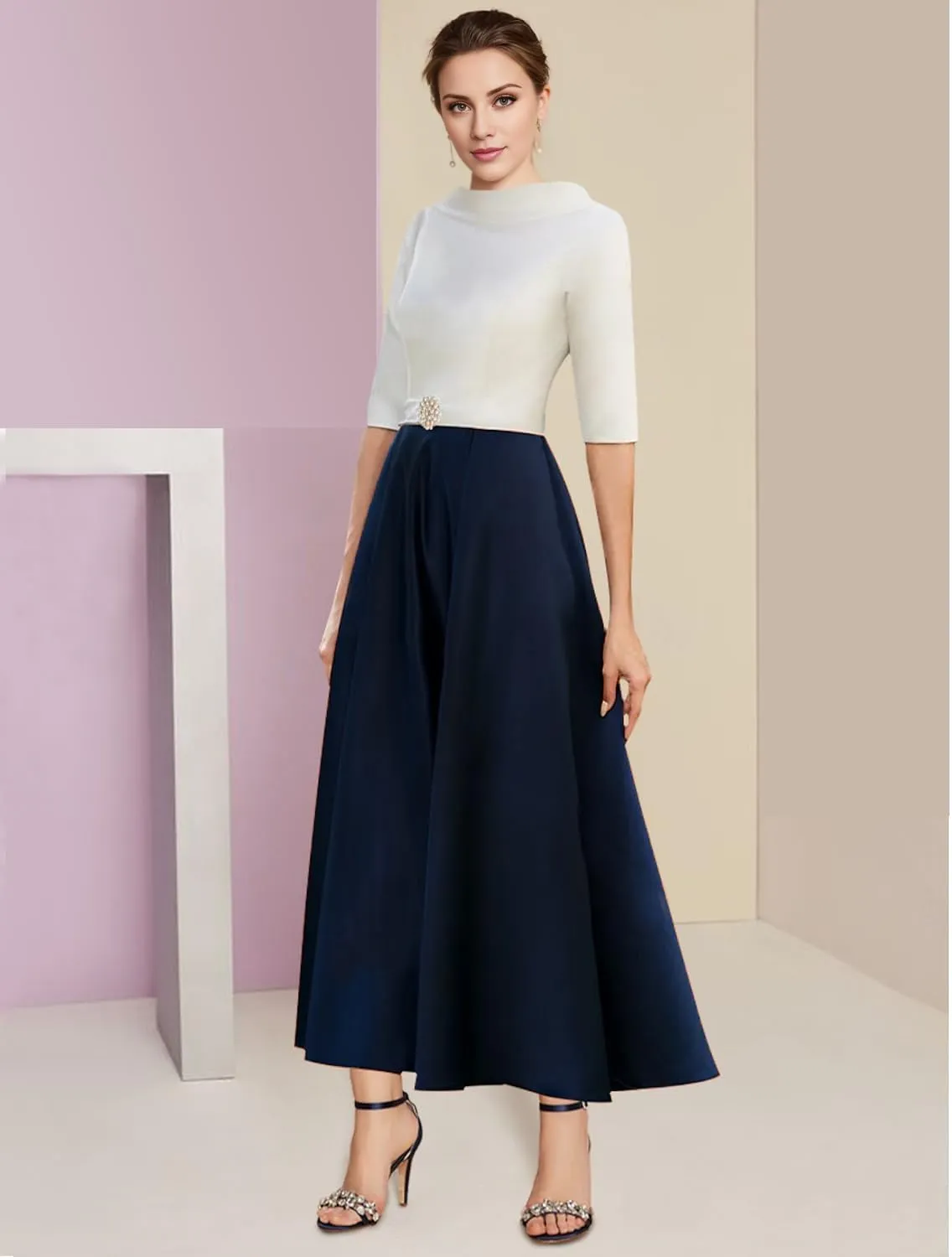A-line Elegant Mother of The Bride Dress Half Sleeve Ankle-Length Satin Wedding Guest Dress Evening Gown Ruched 2025
