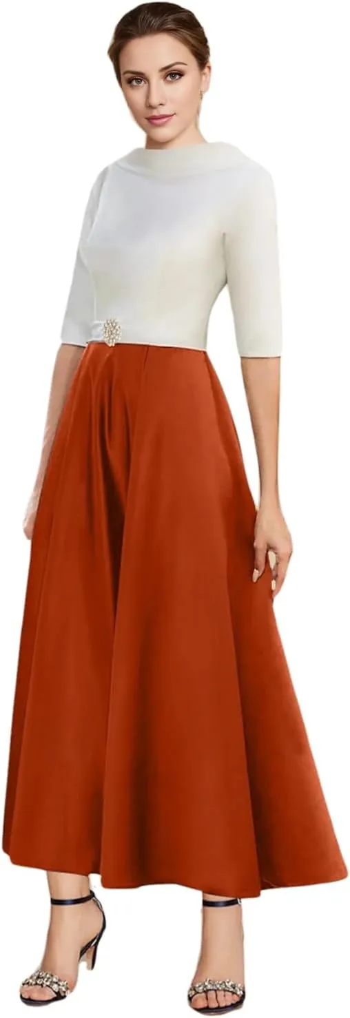 A-line Elegant Mother of The Bride Dress Half Sleeve Ankle-Length Satin Wedding Guest Dress Evening Gown Ruched 2025