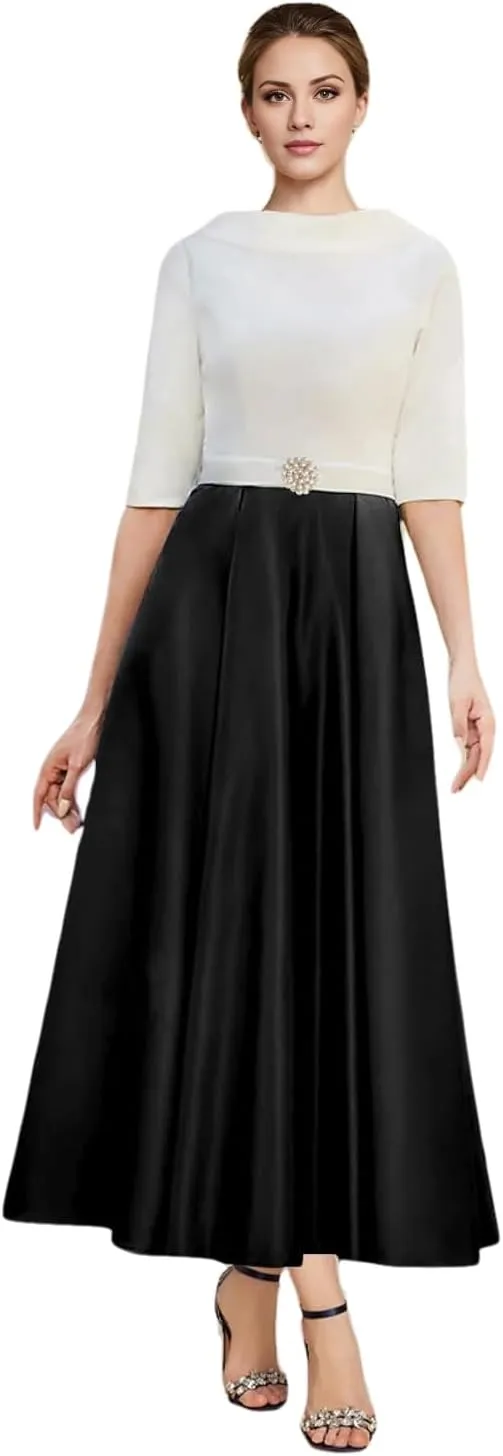 A-line Elegant Mother of The Bride Dress Half Sleeve Ankle-Length Satin Wedding Guest Dress Evening Gown Ruched 2025