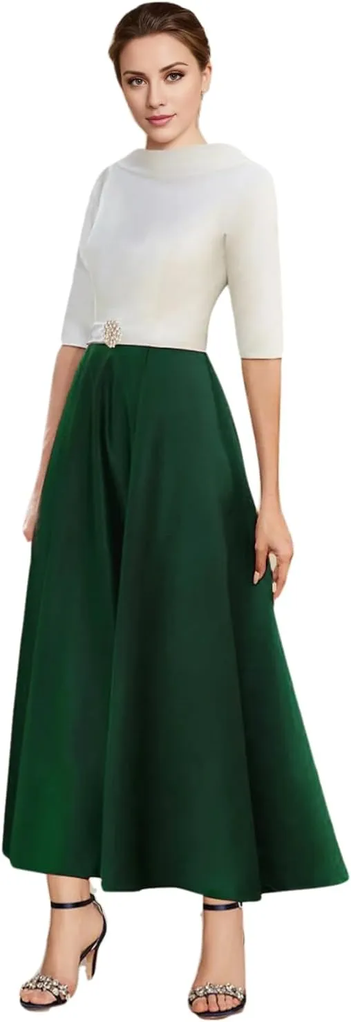 A-line Elegant Mother of The Bride Dress Half Sleeve Ankle-Length Satin Wedding Guest Dress Evening Gown Ruched 2025