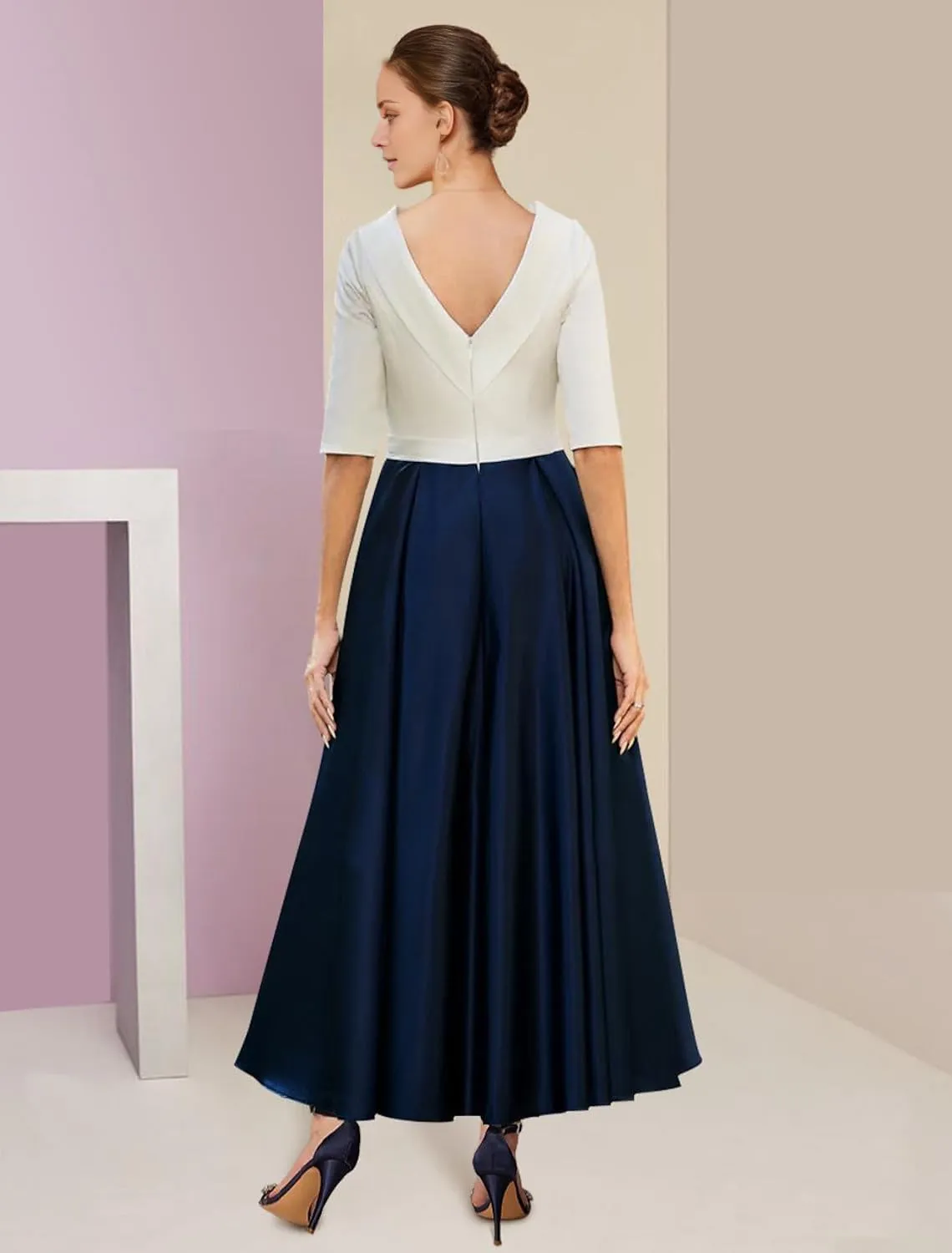 A-line Elegant Mother of The Bride Dress Half Sleeve Ankle-Length Satin Wedding Guest Dress Evening Gown Ruched 2025