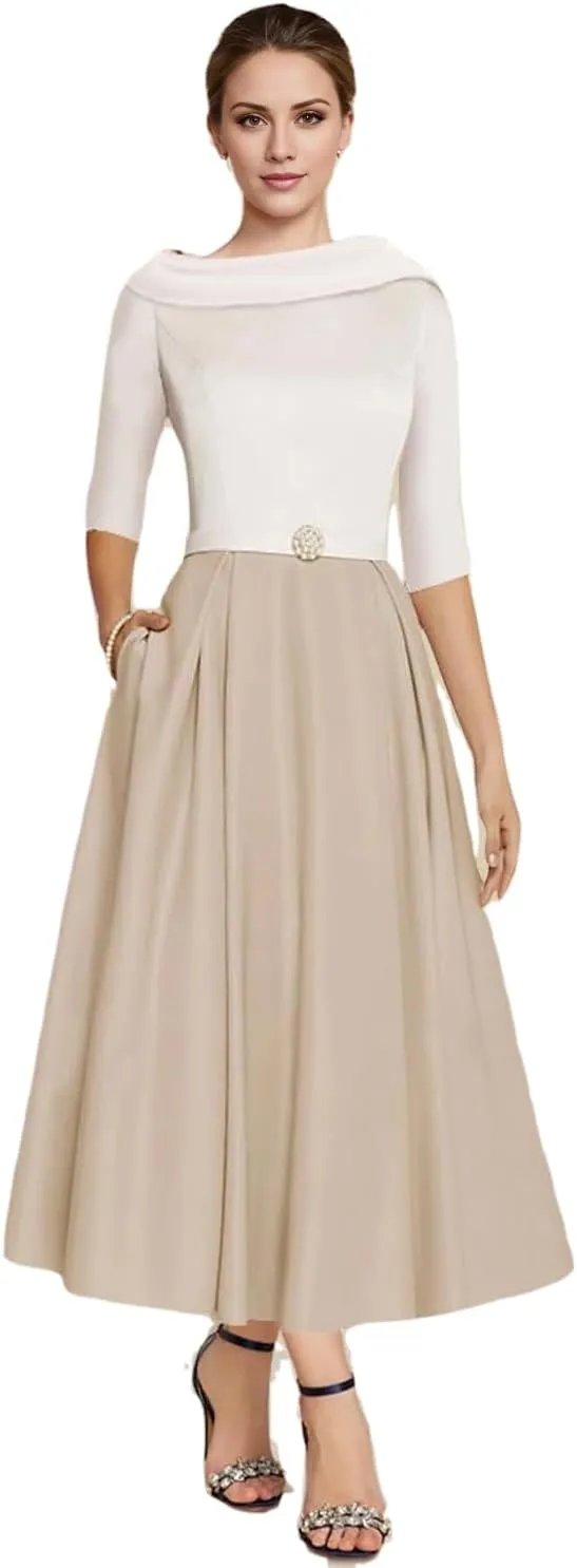 A-line Elegant Mother of The Bride Dress Half Sleeve Ankle-Length Satin Wedding Guest Dress Evening Gown Ruched 2025