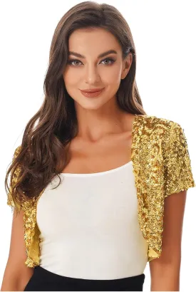 ACSUSS Women Shiny Sequins Short Sleeves Blazer Coat Casual Chemise Open Front Jacket Party Wear