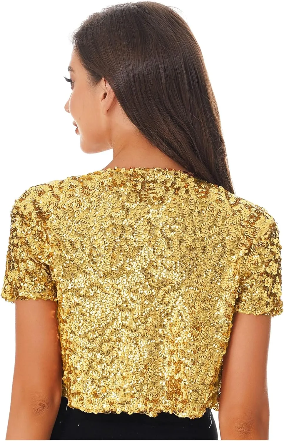 ACSUSS Women Shiny Sequins Short Sleeves Blazer Coat Casual Chemise Open Front Jacket Party Wear