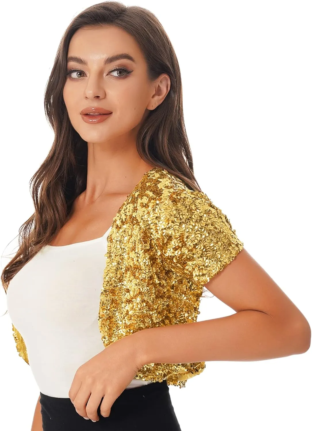 ACSUSS Women Shiny Sequins Short Sleeves Blazer Coat Casual Chemise Open Front Jacket Party Wear