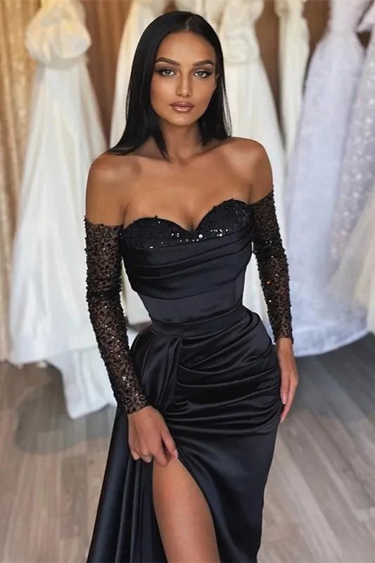 Amazing Long Black Mermaid Split Front Sequined Prom Dress