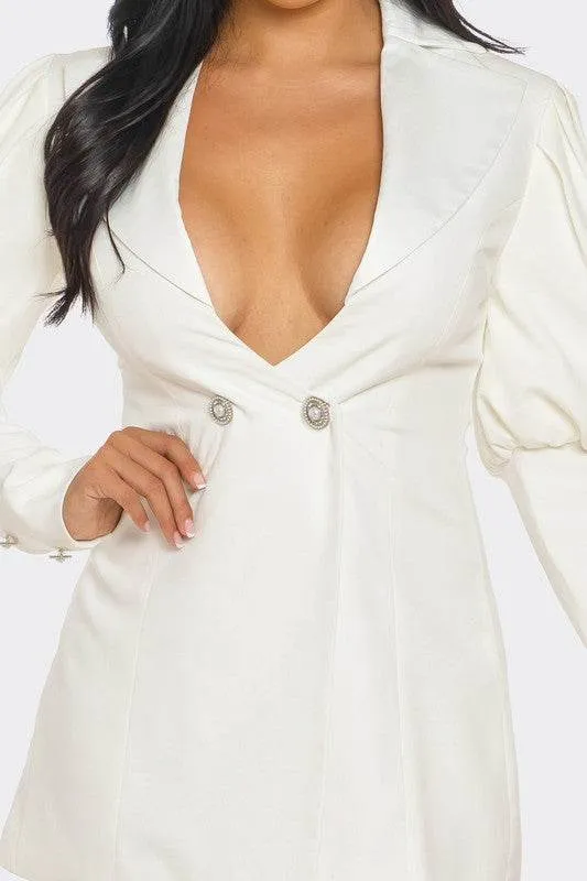 Athina Ivory Puff Sleeve Blazer Deep V-Neck Mini Dress