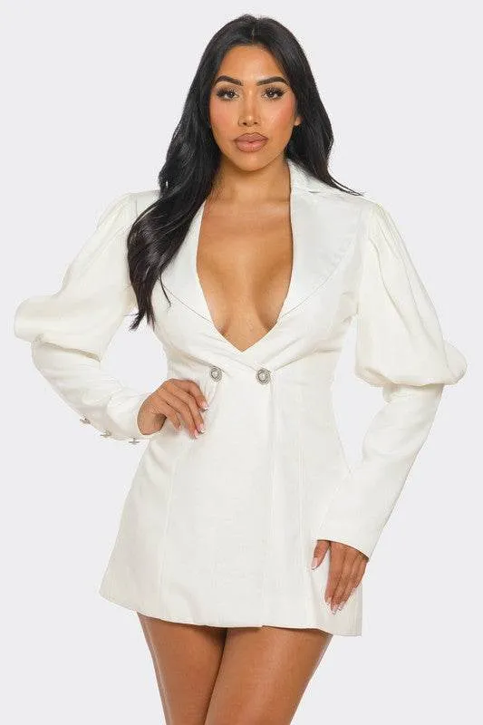 Athina Ivory Puff Sleeve Blazer Deep V-Neck Mini Dress