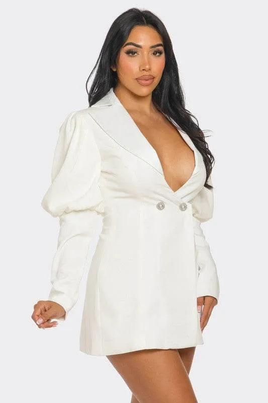 Athina Ivory Puff Sleeve Blazer Deep V-Neck Mini Dress