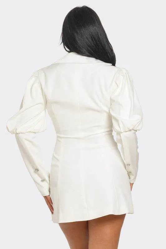 Athina Ivory Puff Sleeve Blazer Deep V-Neck Mini Dress