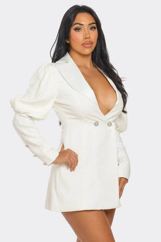 Athina Ivory Puff Sleeve Blazer Deep V-Neck Mini Dress