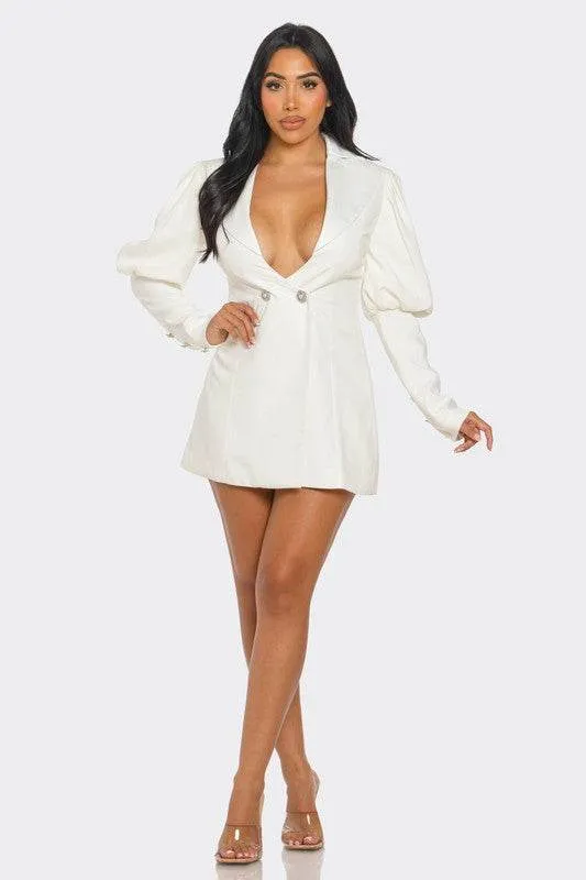 Athina Ivory Puff Sleeve Blazer Deep V-Neck Mini Dress