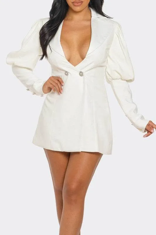 Athina Ivory Puff Sleeve Blazer Deep V-Neck Mini Dress