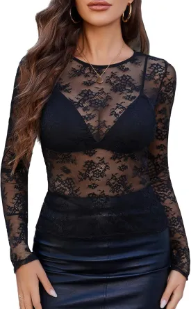 Avidlove Lace Mesh Top for Women Long Sleeve Crew Neck Sheer Blouse See Through Floral Lace Tops
