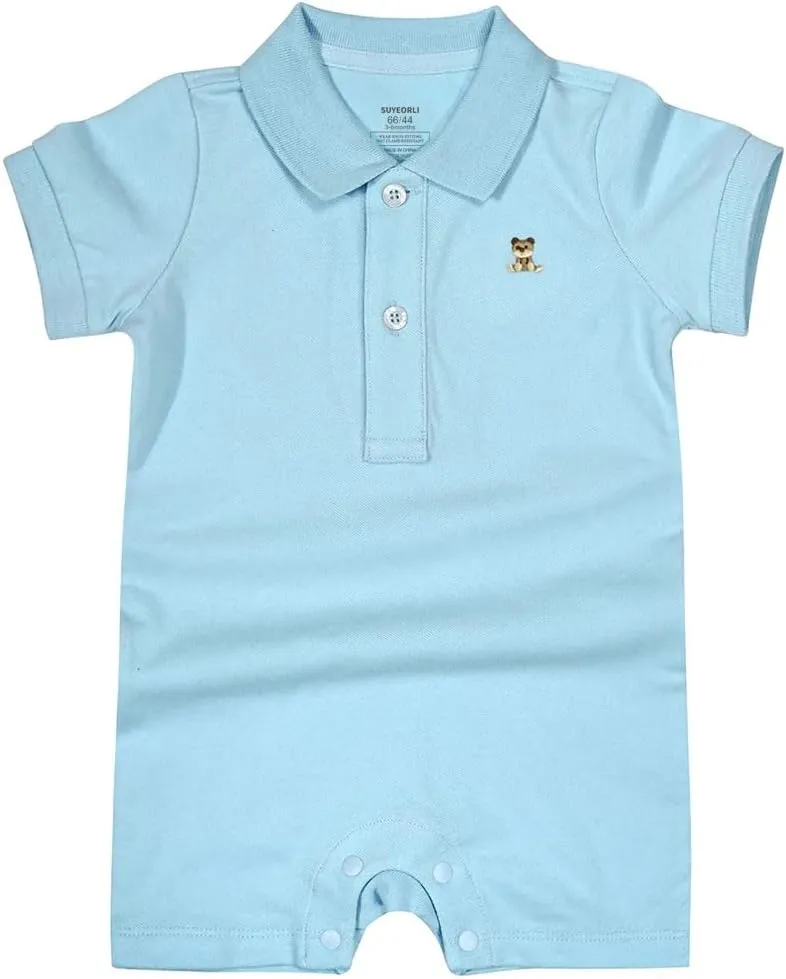 Baby Polo Romper Cotton Short Sleeve Embroidery Bear Jumpsuit 3-24 Months