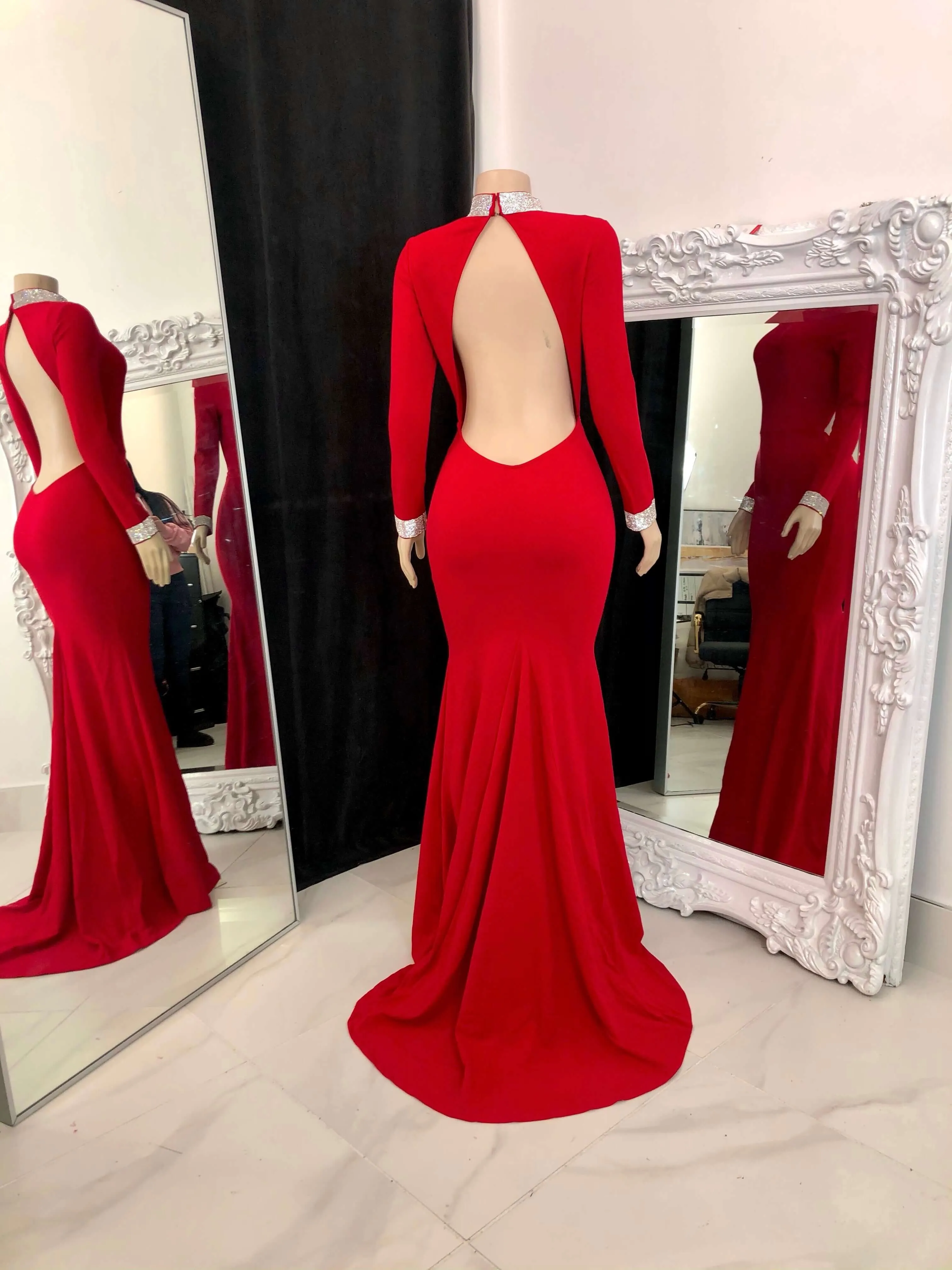 Beautiful Long Sleeves Backless High Neck Mermaid Prom Dress
