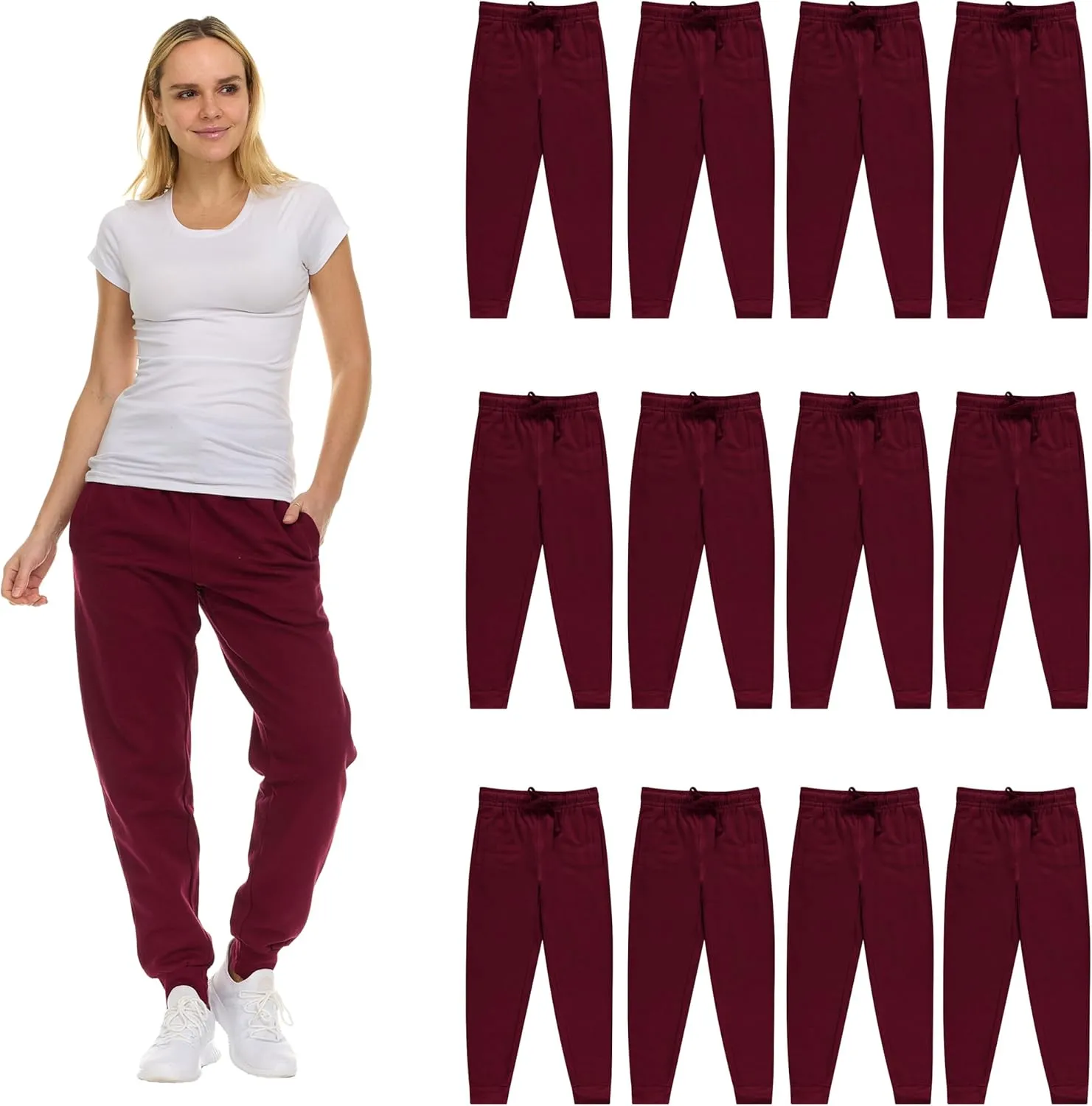 BILLIONHATS 12 Pack Women Jogger Sweatpants, Bulk Comfy Fleece-Lined with Ribbed Cuffs for Charities & Shelter Home Donations