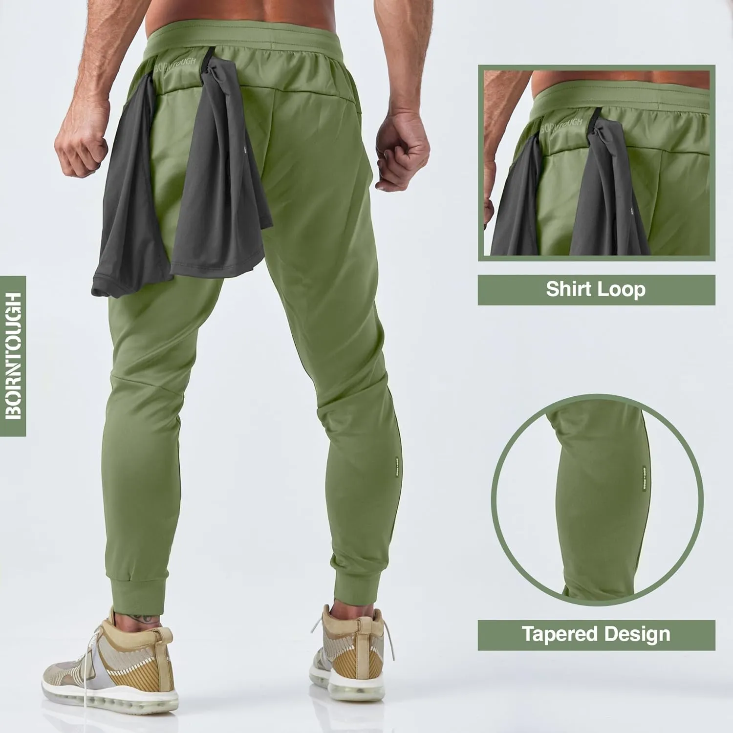 Born Tough Mens Workout Joggers Pants, Tapered Bodybuilding Gym Joggers, Athletic Running Sweatpants with Zipper Pockets