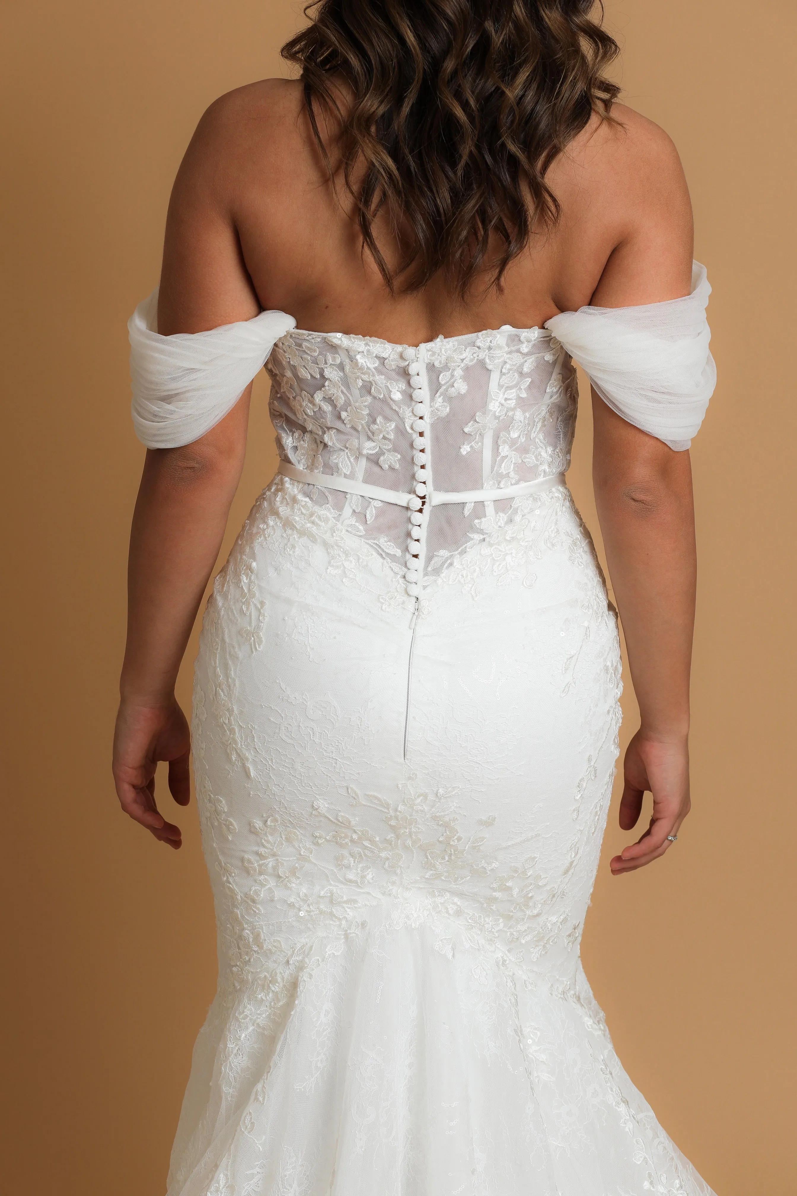 bustier cup mermaid gown with off the shoulder sleeves