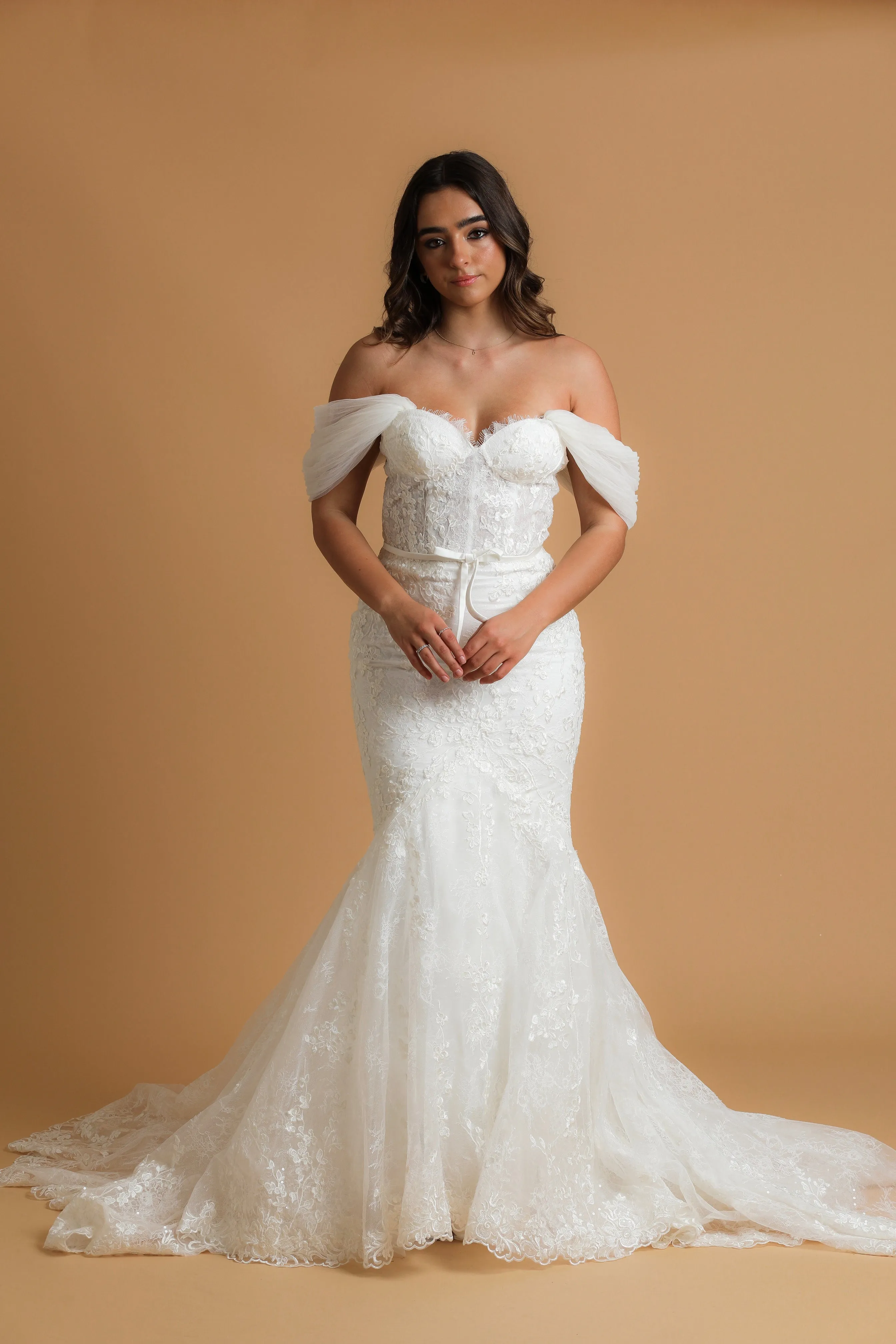 bustier cup mermaid gown with off the shoulder sleeves