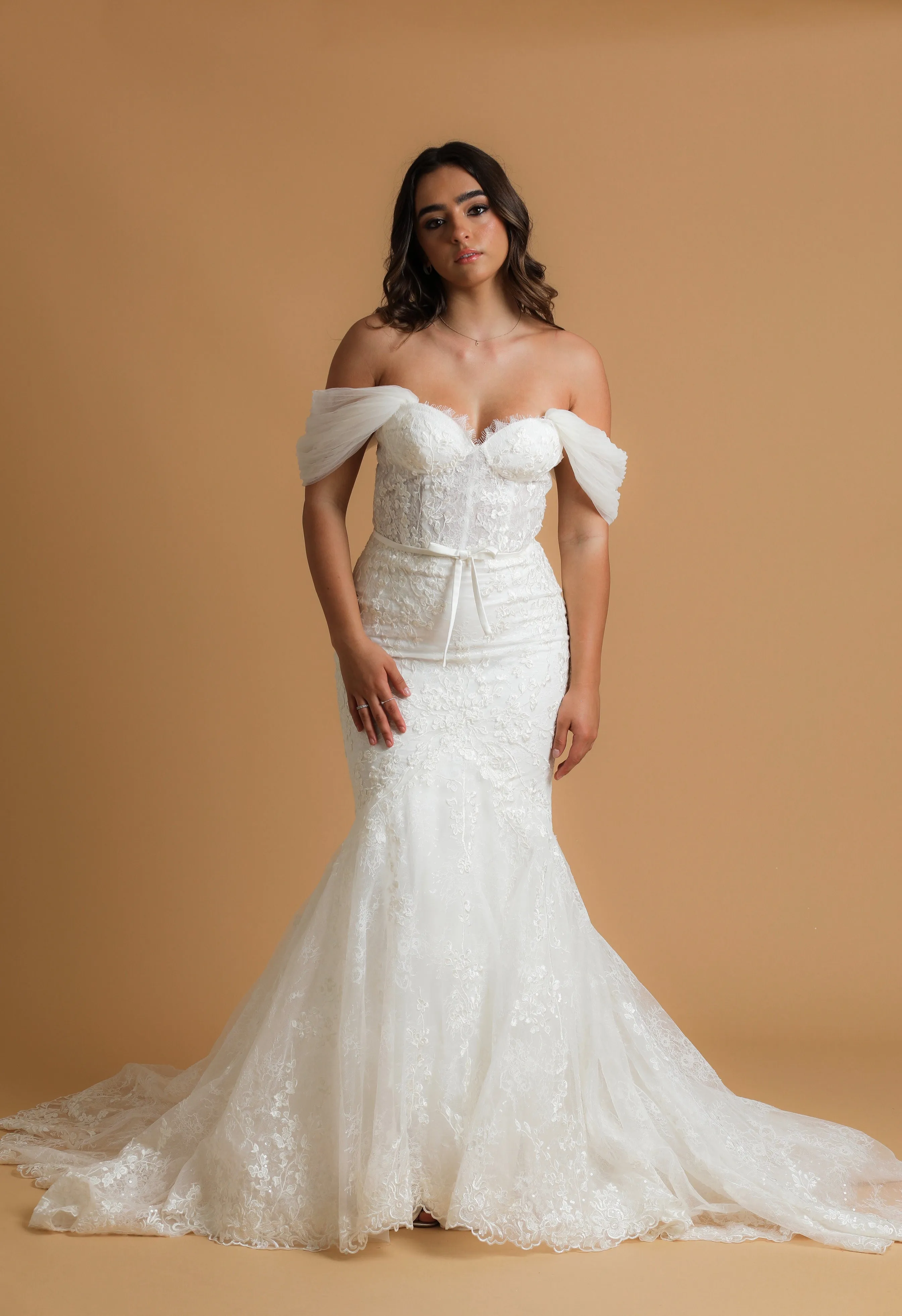 bustier cup mermaid gown with off the shoulder sleeves