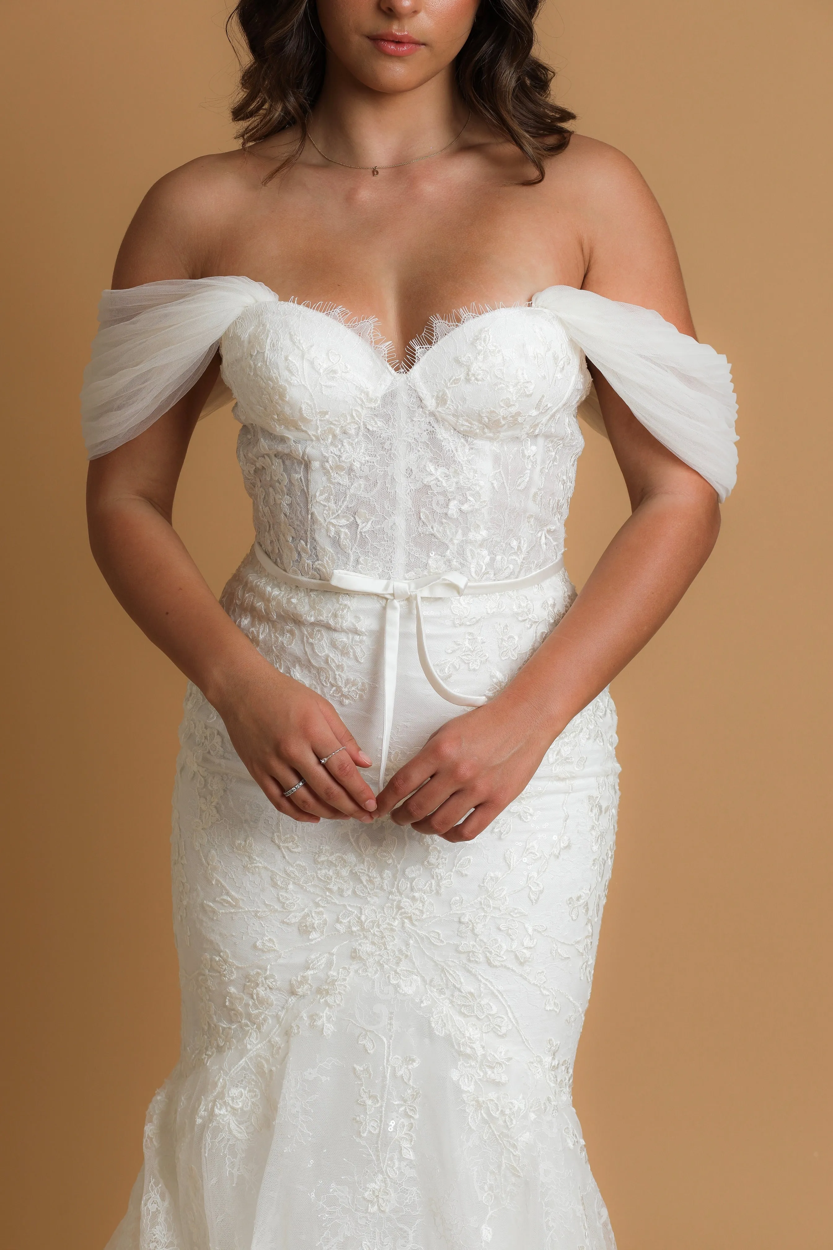 bustier cup mermaid gown with off the shoulder sleeves