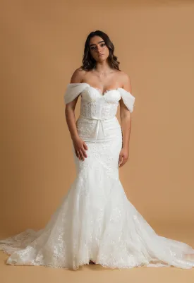 bustier cup mermaid gown with off the shoulder sleeves