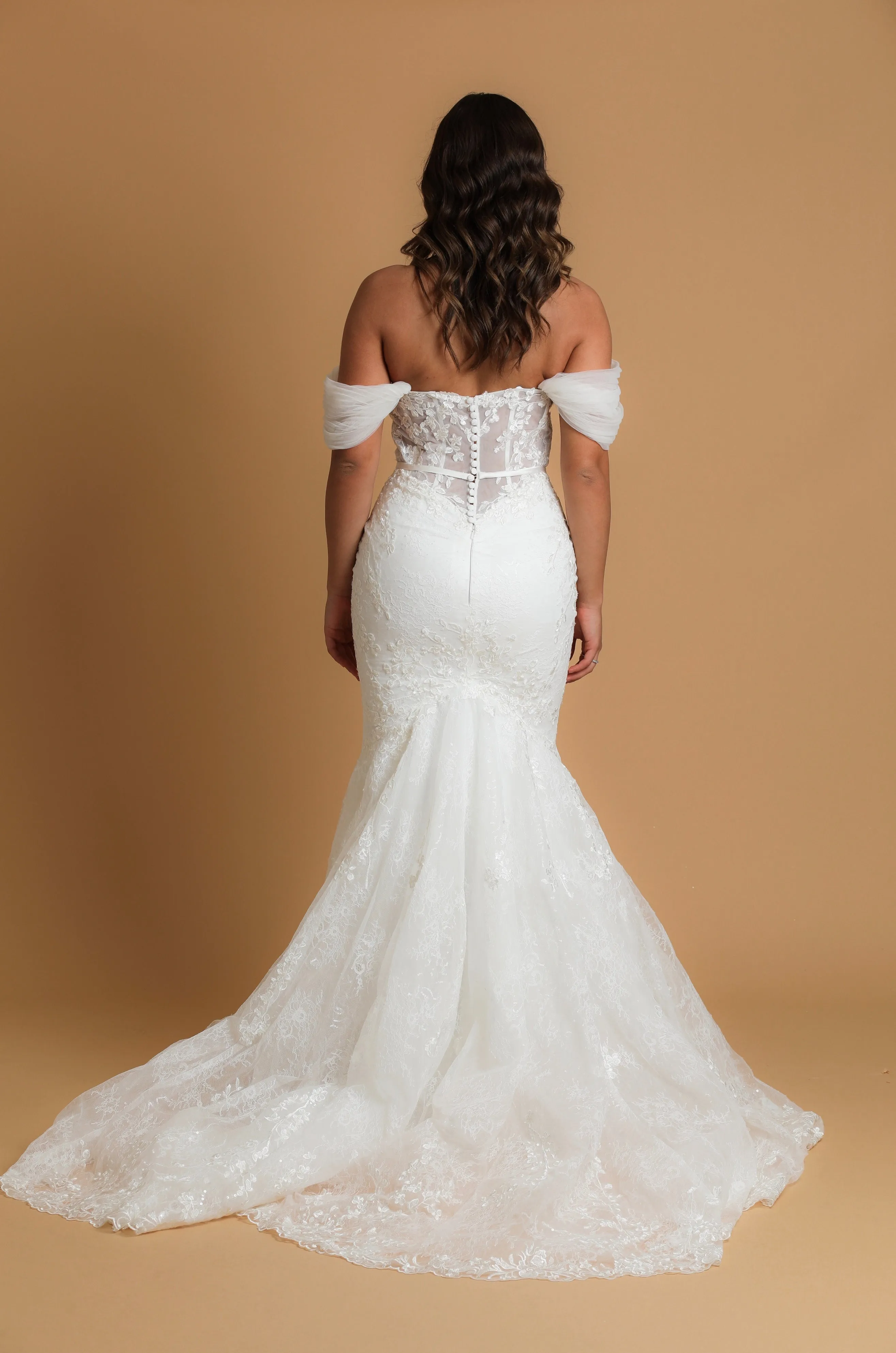 bustier cup mermaid gown with off the shoulder sleeves