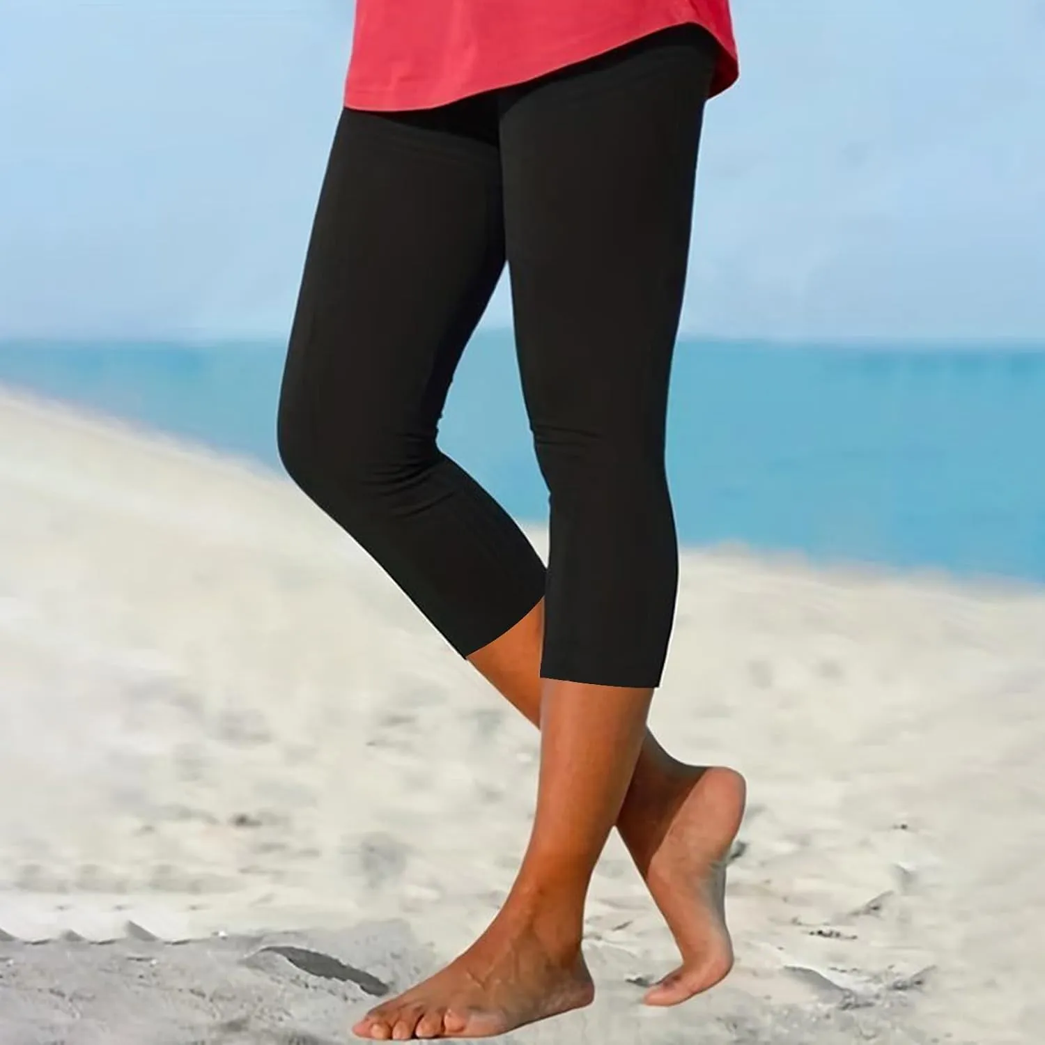 Capri Leggings for Women Plus Size Tummy Control Knee Length No Pockets High Waisted Yoga Pants Soft Workout Tights