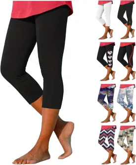 Capri Leggings for Women Plus Size Tummy Control Knee Length No Pockets High Waisted Yoga Pants Soft Workout Tights