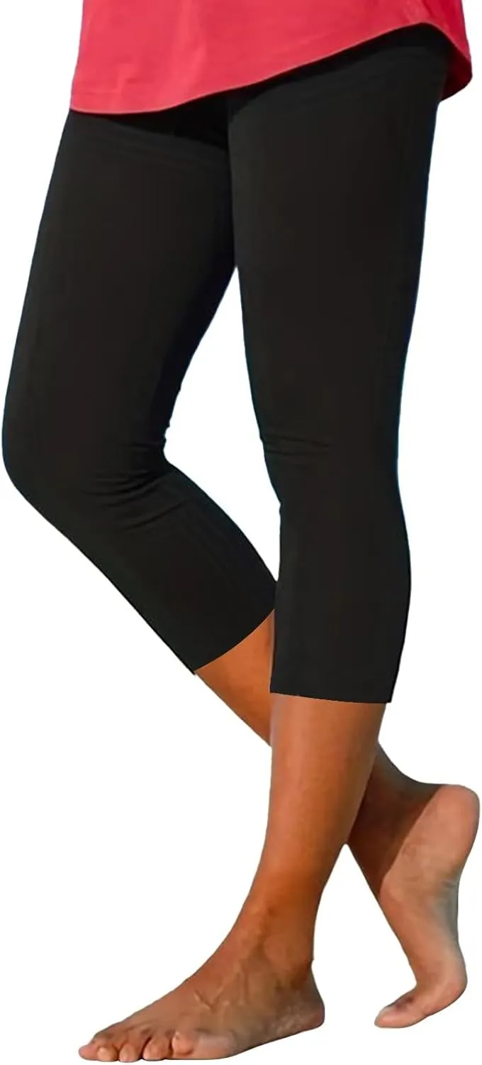 Capri Leggings for Women Plus Size Tummy Control Knee Length No Pockets High Waisted Yoga Pants Soft Workout Tights