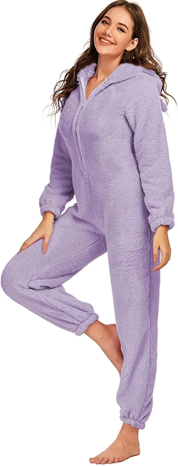 chouyatou Women's Ultra Comfy Lounge Furry Sherpa Romper Onesie Pajamas Cute Ear Hood