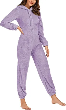 chouyatou Women's Ultra Comfy Lounge Furry Sherpa Romper Onesie Pajamas Cute Ear Hood