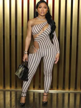 Cold Shoulder Stripe Print Jumpsuit