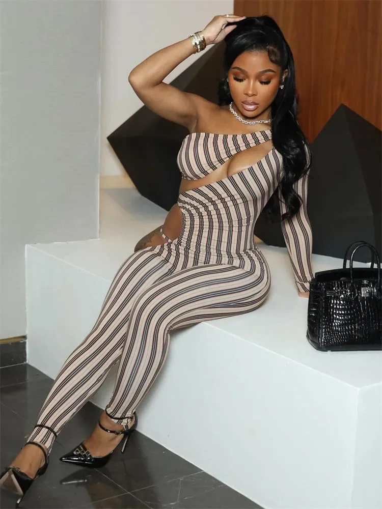 Cold Shoulder Stripe Print Jumpsuit