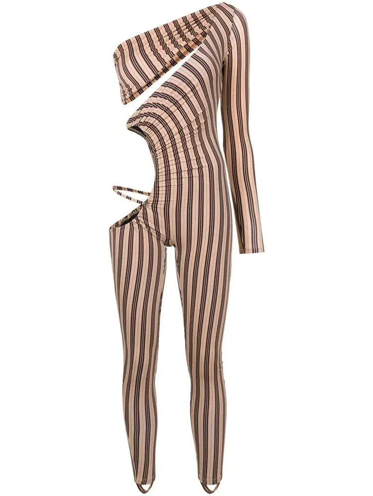 Cold Shoulder Stripe Print Jumpsuit