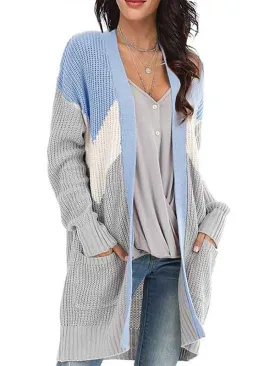 Color Block Drop Shoulder Long Sleeve Long Cardigan With Pocket