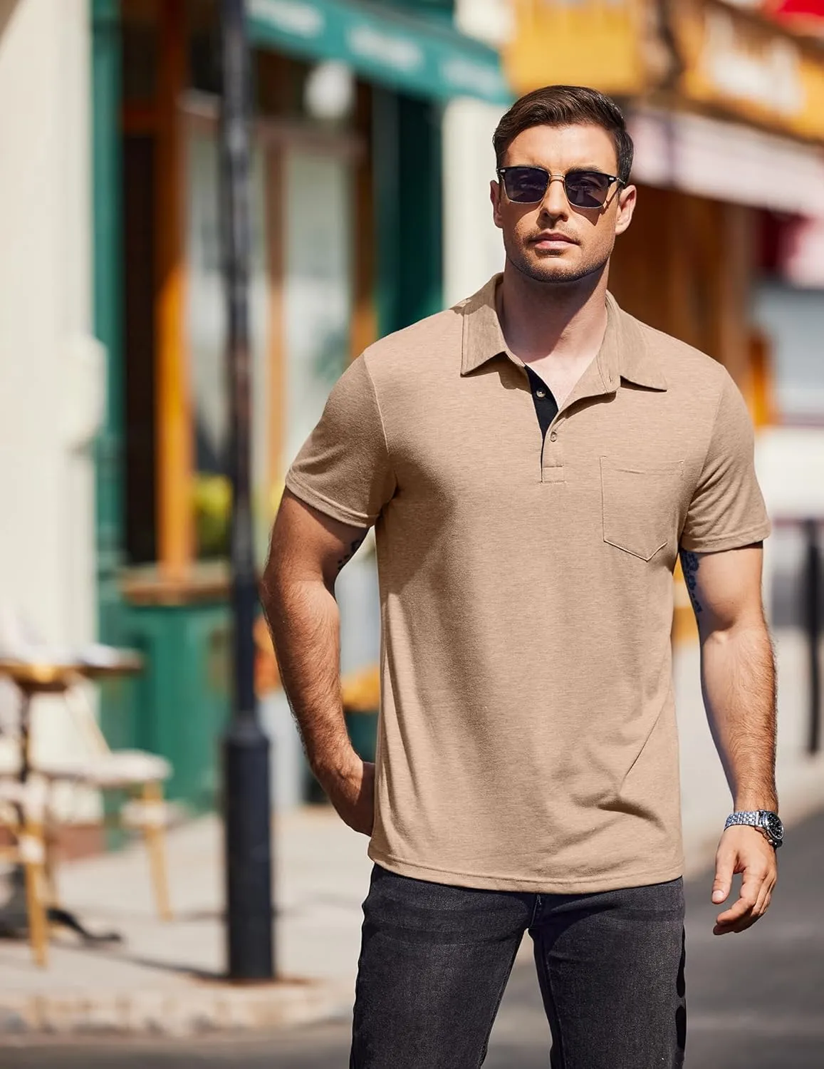 COOFANDY Men Short Sleeve Polo Shirt Casual Summer Collar Shirts Dress Button Polo T Shirt Classic Golf Shirts