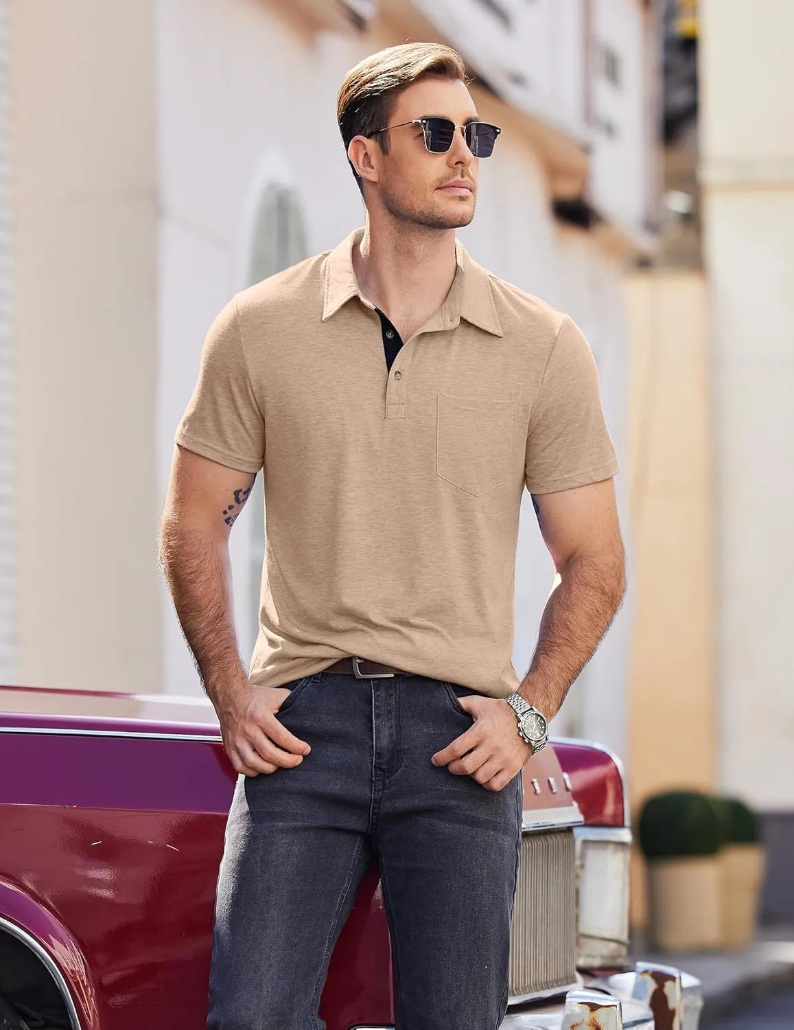 COOFANDY Men Short Sleeve Polo Shirt Casual Summer Collar Shirts Dress Button Polo T Shirt Classic Golf Shirts