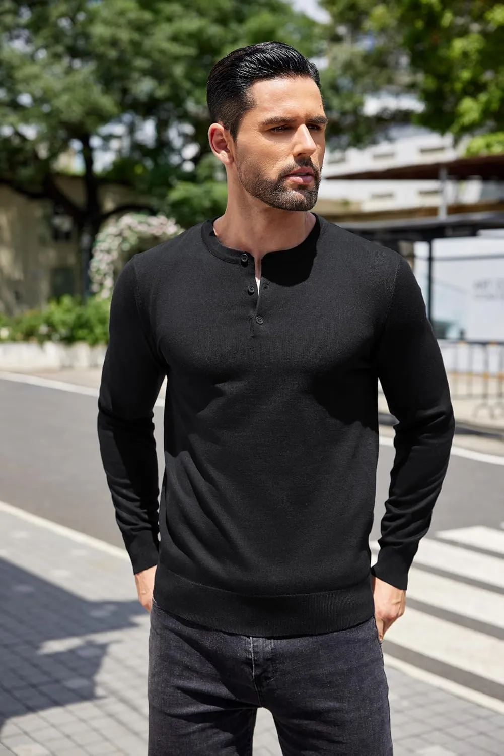COOFANDY Men's Knit Henley Shirts Dress Long Sleeve Sweater Casual Collarless Quarter Button Pullover