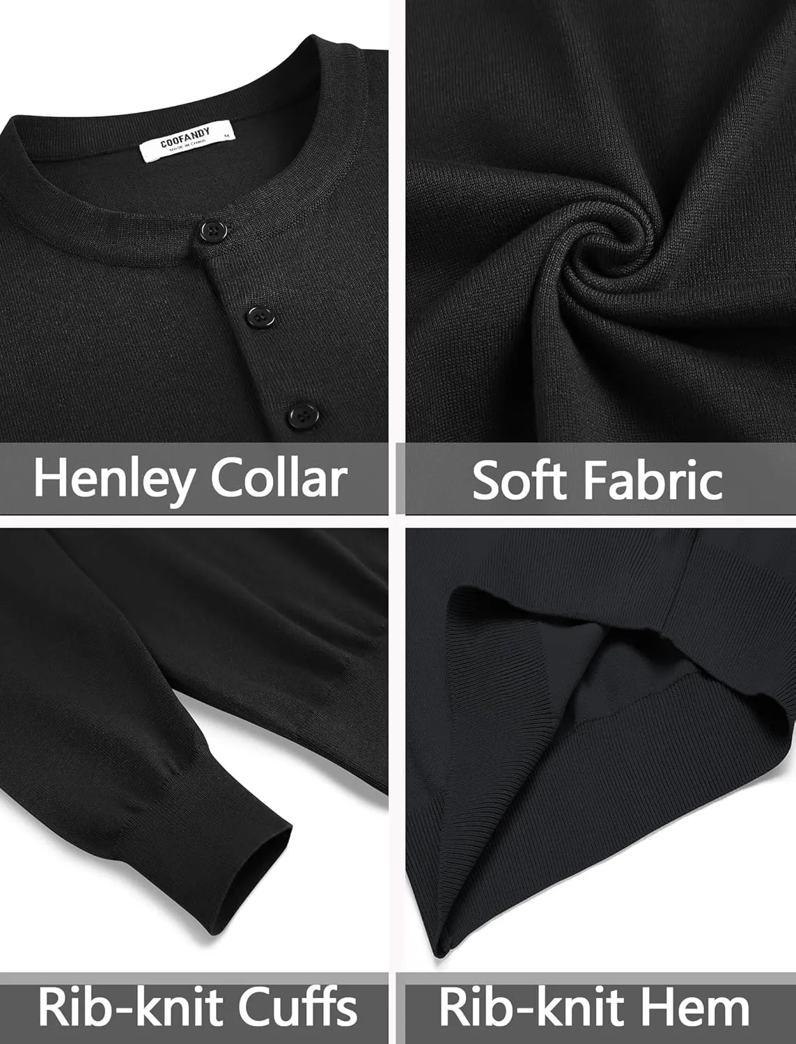COOFANDY Men's Knit Henley Shirts Dress Long Sleeve Sweater Casual Collarless Quarter Button Pullover
