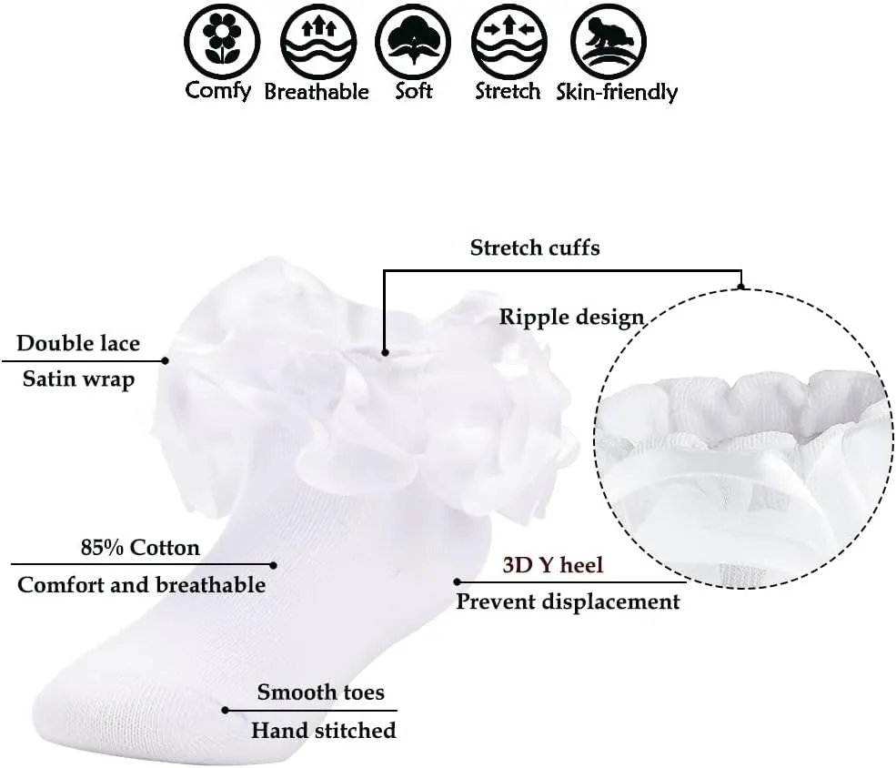 Dicry Toddler Girls Double Lace Socks with Ripple Cuffs and Big Ruffle for Infants and Kids